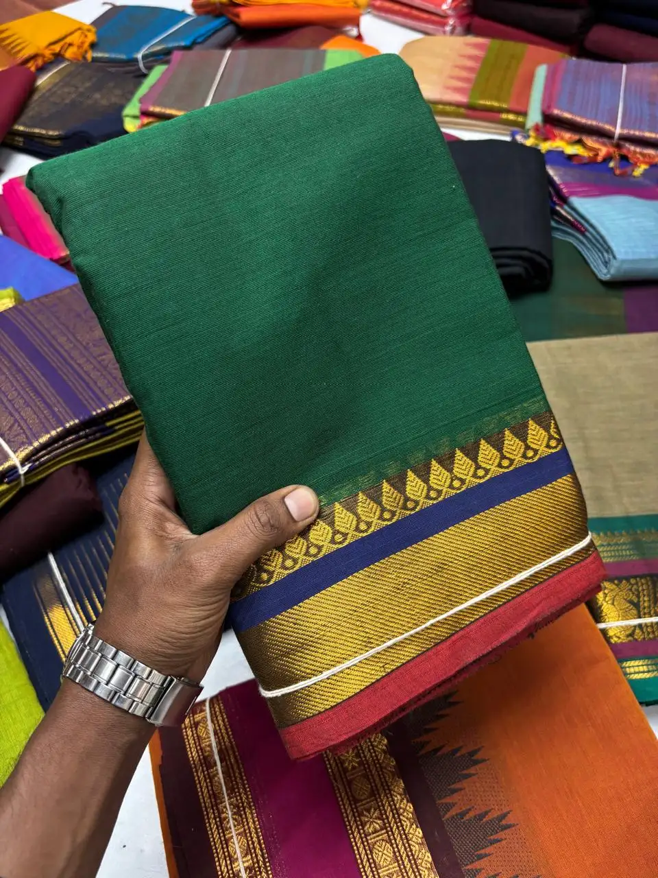 Bottle Green Kanchi Pure Cotton Saree